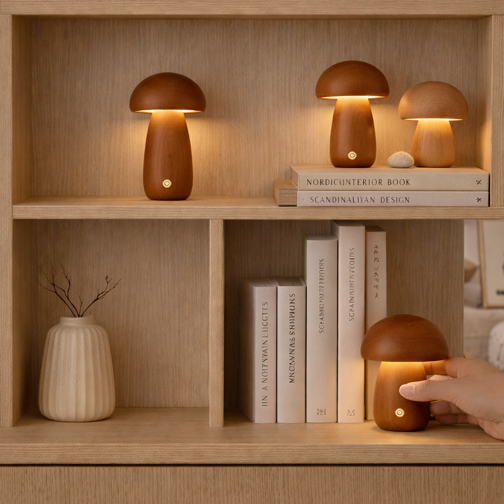 Sopplamper i ektre tre i en fin hylle. 