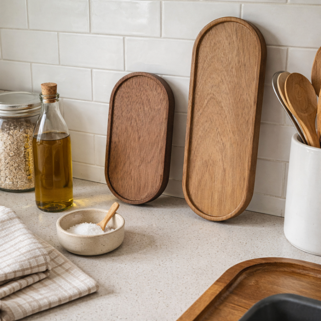 Serveringsfjøl en i liten og en i stor på et koselig kjøkken.