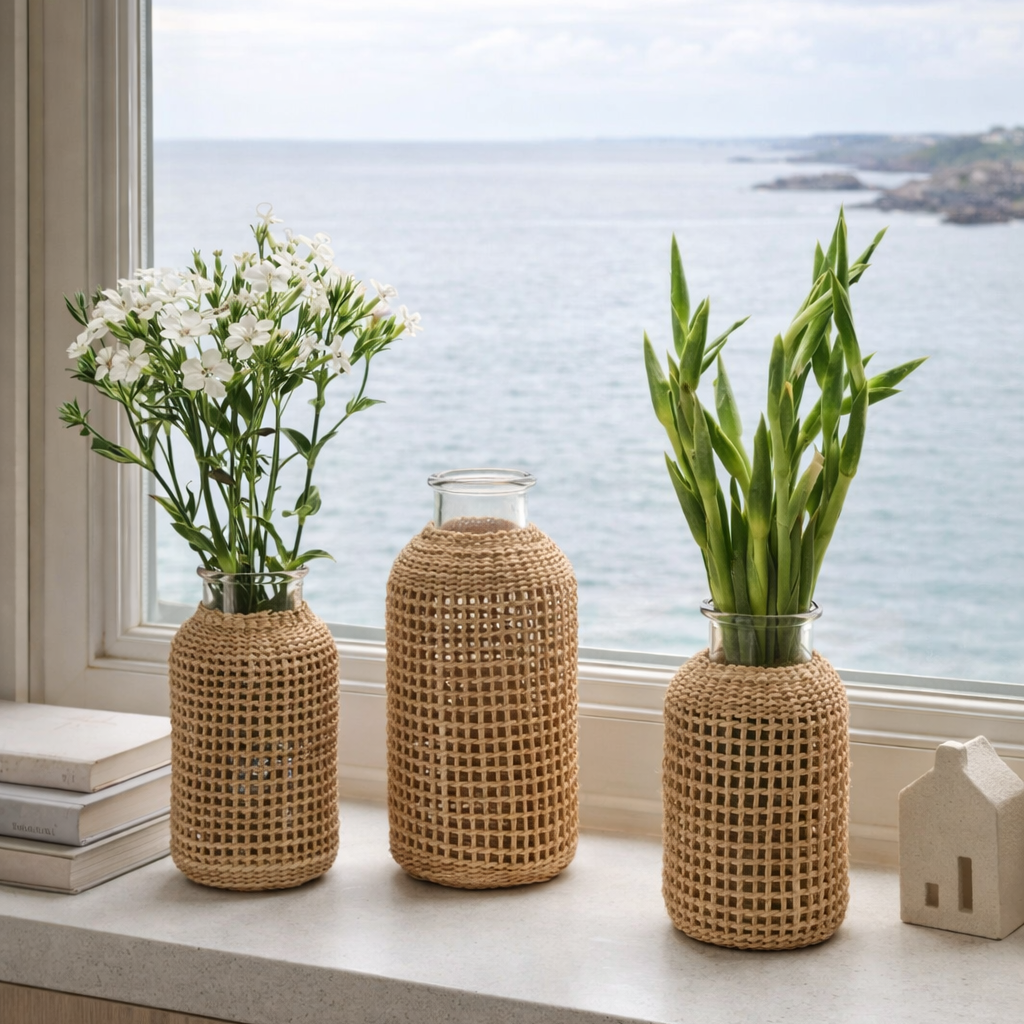 Vaser i vindu med fine fletta sokker rundt.