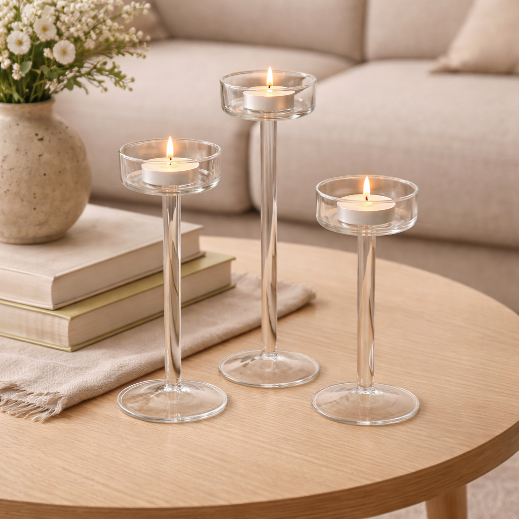 3 høye telysstaker på et stueboard