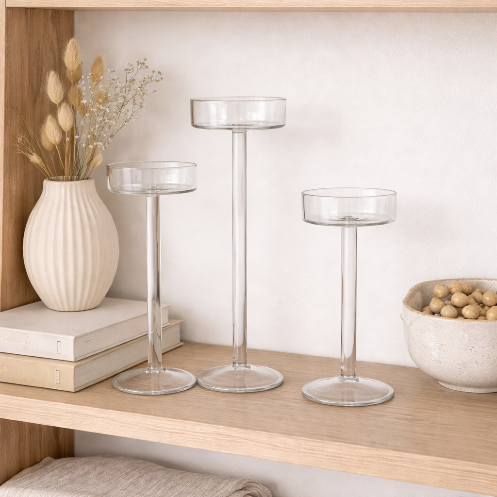 3 høye lysestaker i en hylle 