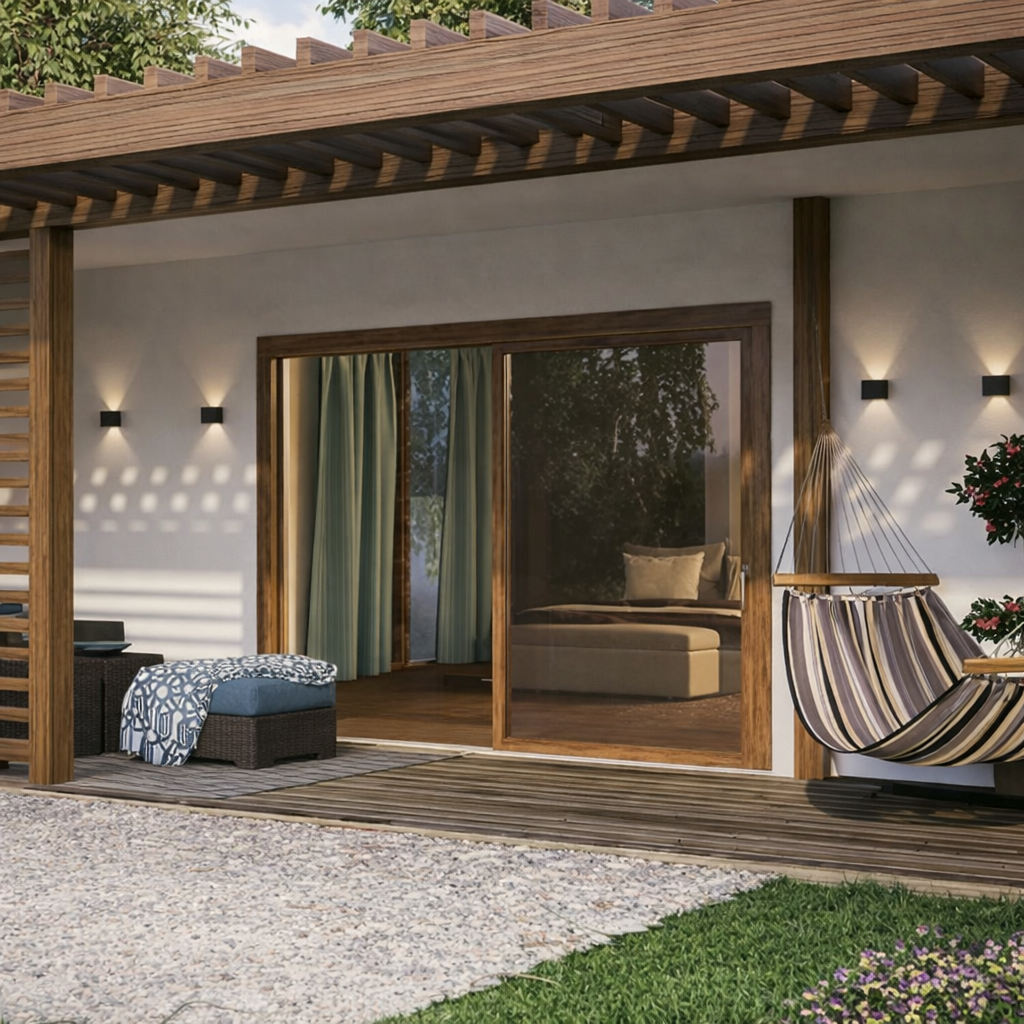 Utelys utenfor et koselig hjem.