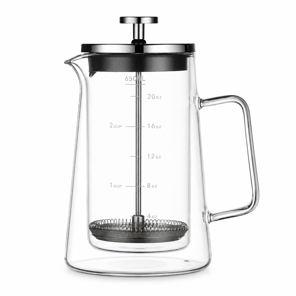 Double layered french press in glass in studio. 