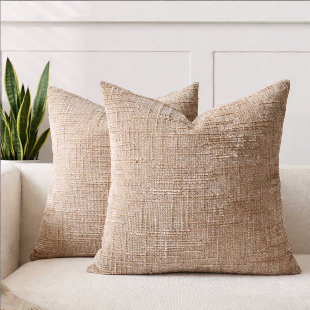 To fine beige teksturerte putetrekk i sofa