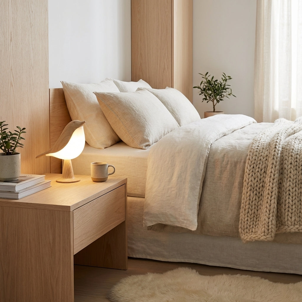 Fulelampe i tre med led lys på et nattbord ved siden av en seng. 