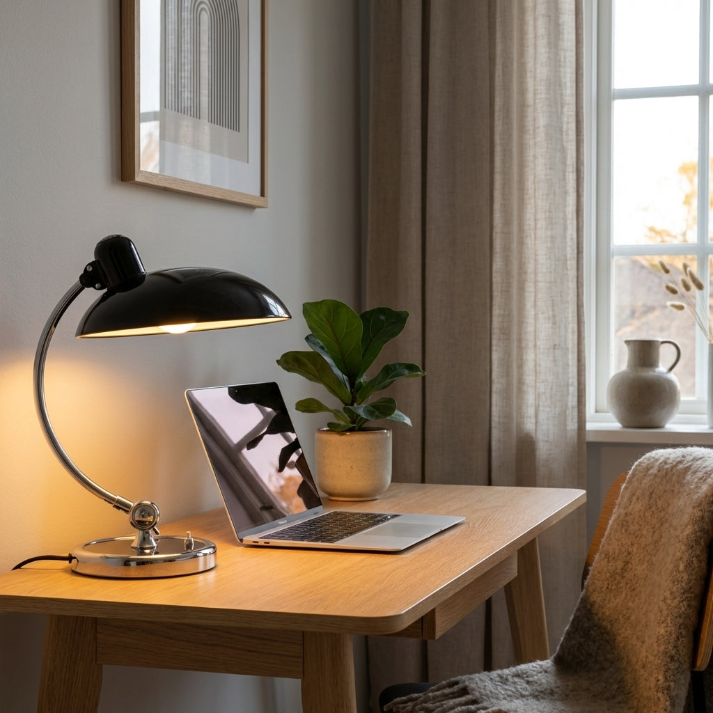 Bordlampe med soppholde i metall i sort med sølv metall strand i et kontor. 