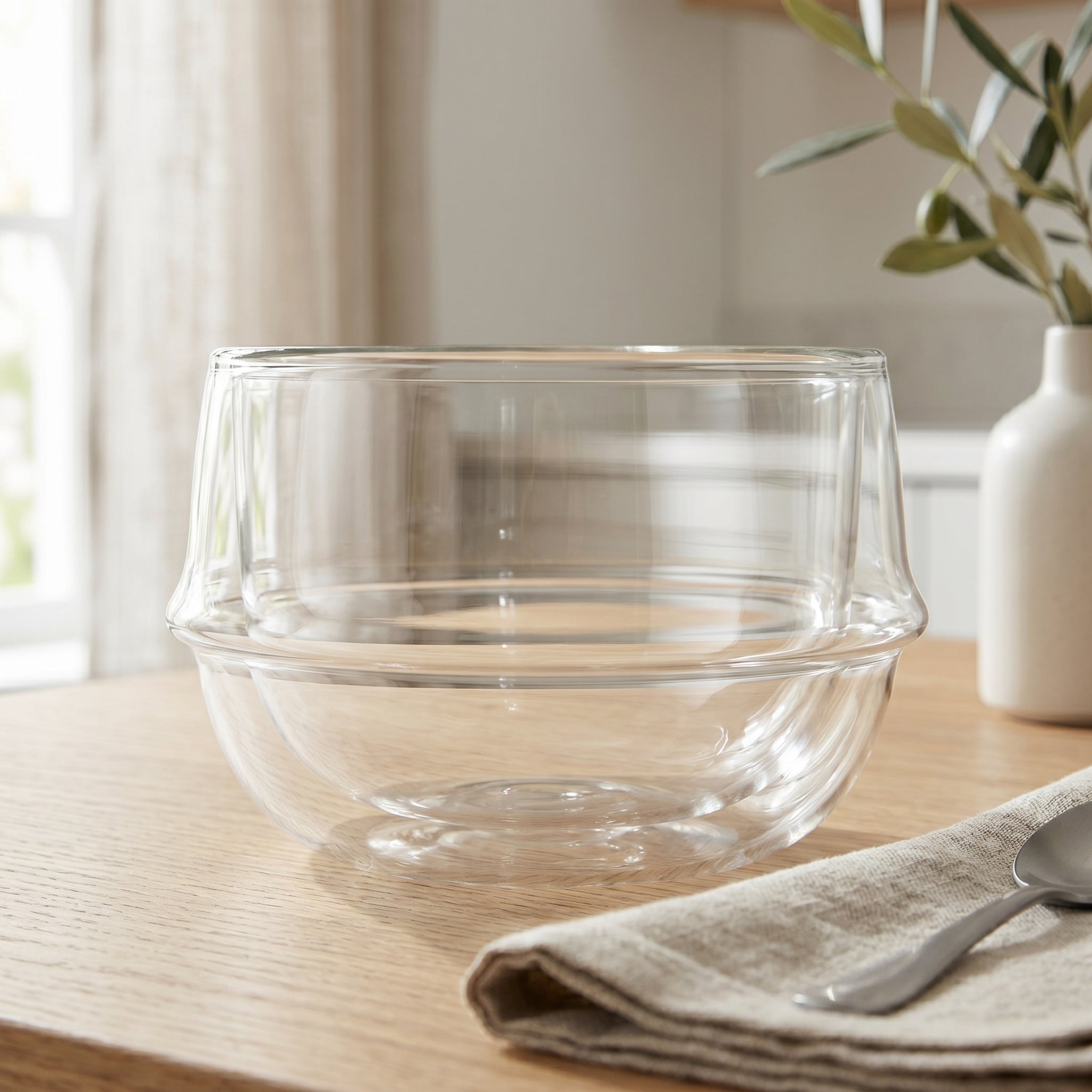 Unik glassbolle på et bord i en stue. 