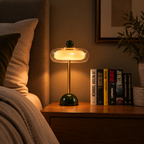 Bordlampe i glass og metall med grønn base
