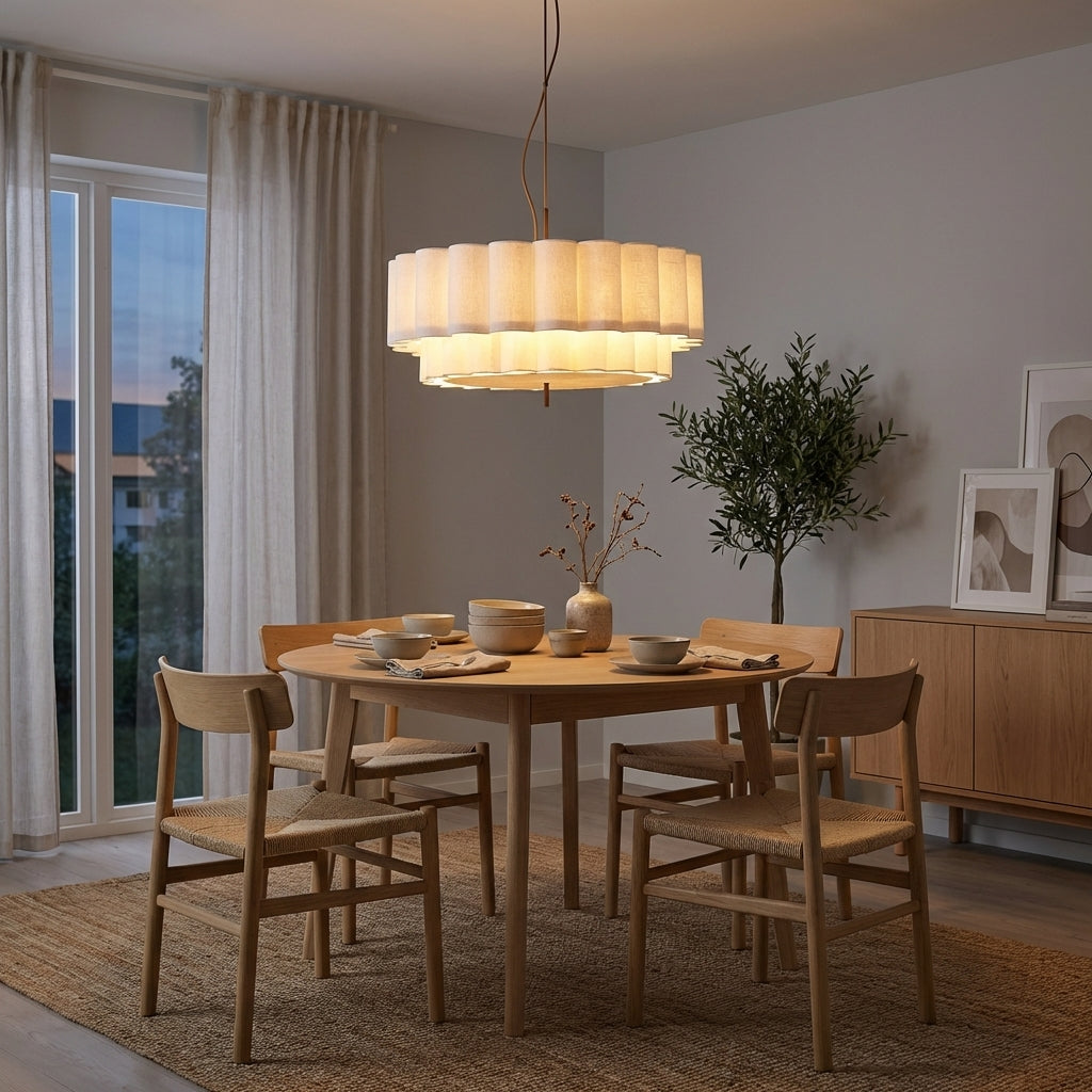 Japansk inspirert stoff taklampe over spisebord.