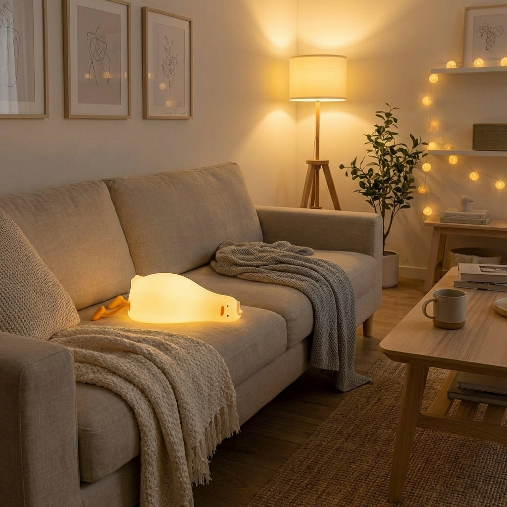 Liggende andelampe på en sofa i en koselig atmosfære.