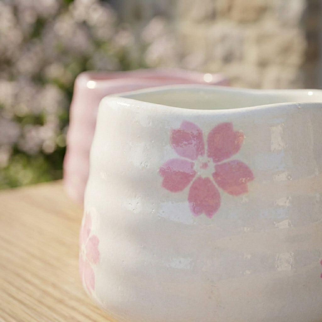 Detaljer av keramikkopp i hvit med rosa blomster. 