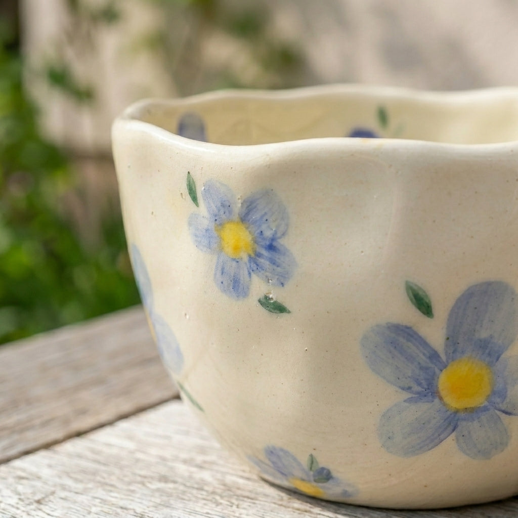 Koselig fin håndlaget kopp i keramikk med blå blomster i en hage detaljer. 