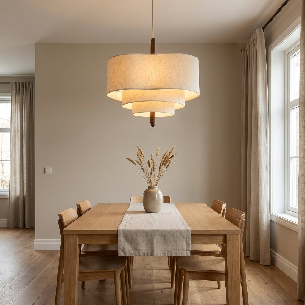 Fin taklampe over et spisebord i en stue. 