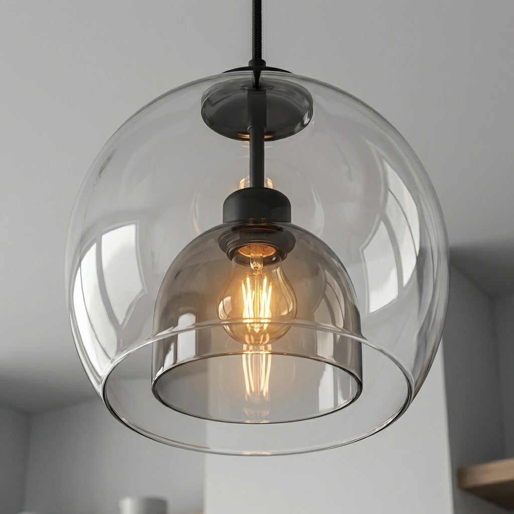 Taklampe i sort glass i en fin stue.