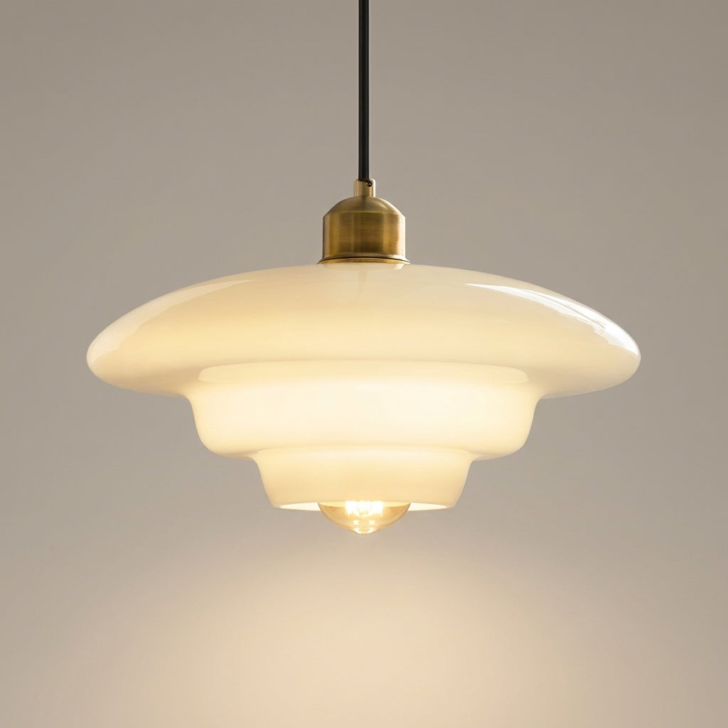 En pendellampe i glass med detaljer i et grått rom.