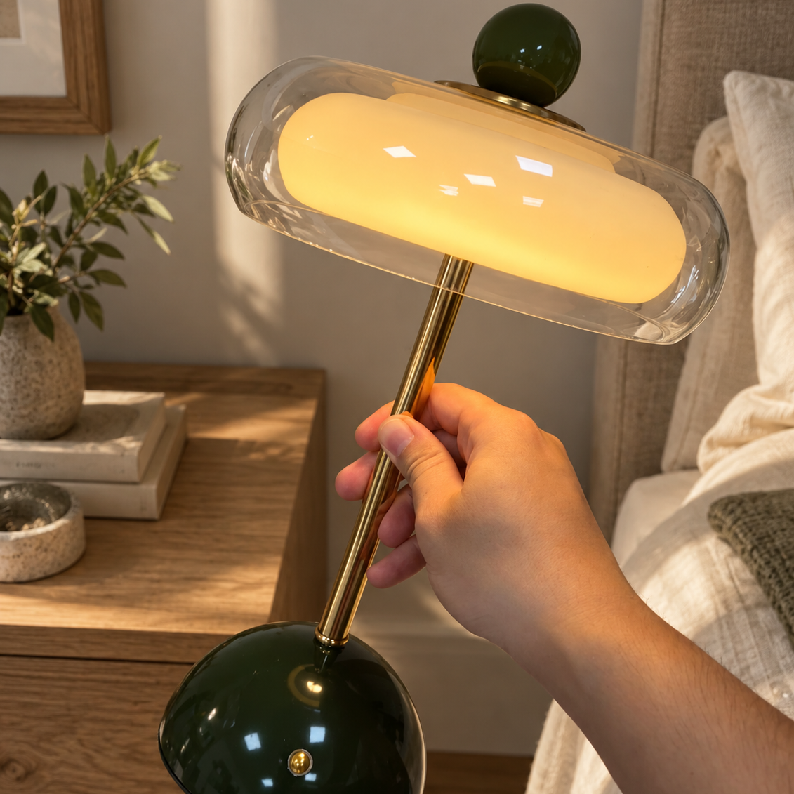 En hånd som holder en fin grønn glass lampe ved et nattbord.