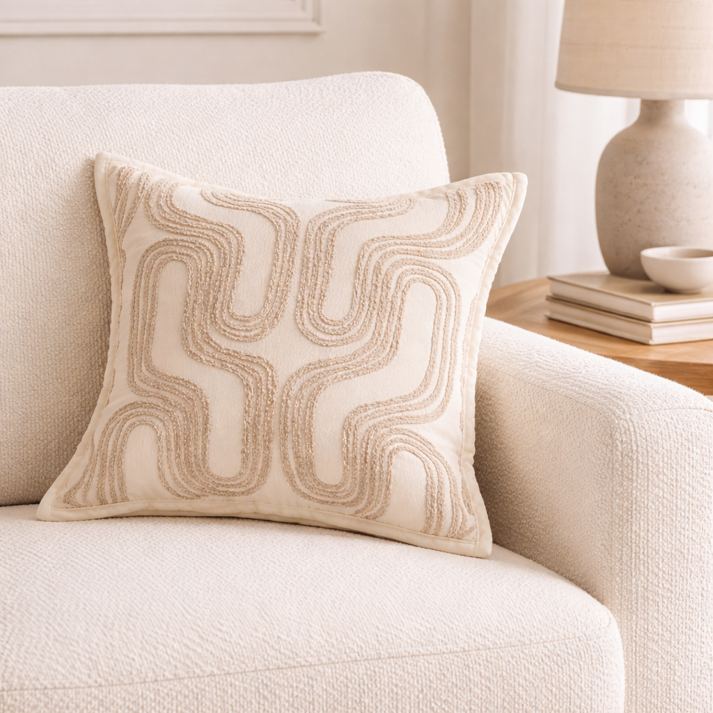 Fin krem farget pute i en koselig stol