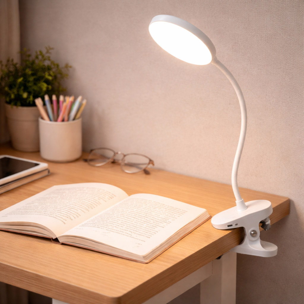 Leselampe med klype på siden av en pult. 