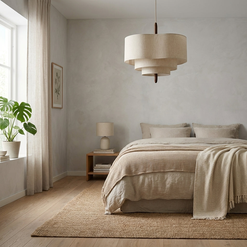 Japansk nordisk stofflampe i taket på et fint rom.