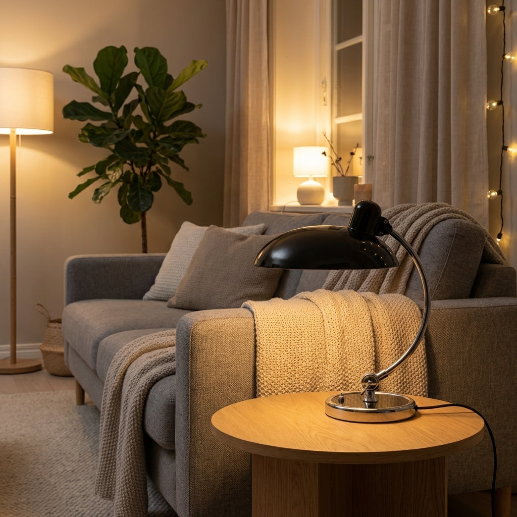 Sopplampe i fine detaljer på et fint bord i en stue. 