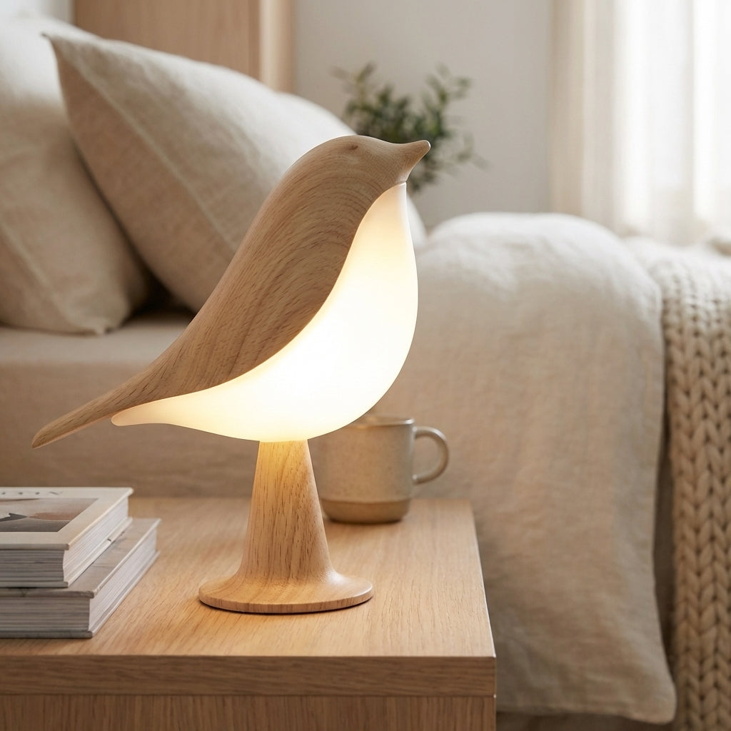 Fulelampe i tre med detaljer på siden av et med led lys på et nattbord.