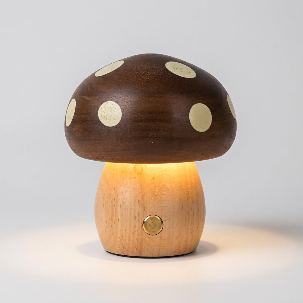 Fin sopplampe i ekte tre med knapp forran i et grått studio. 