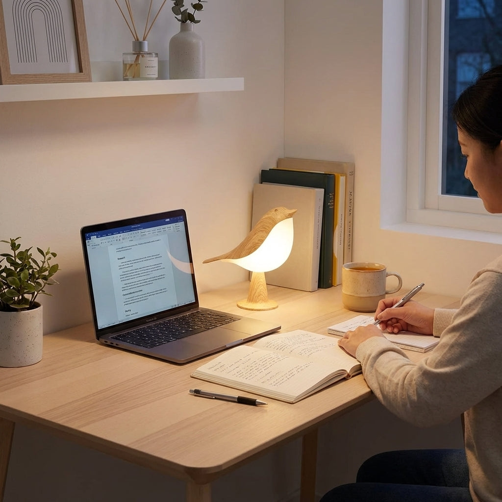 Fuglelampe på en pult med en person som skriver.