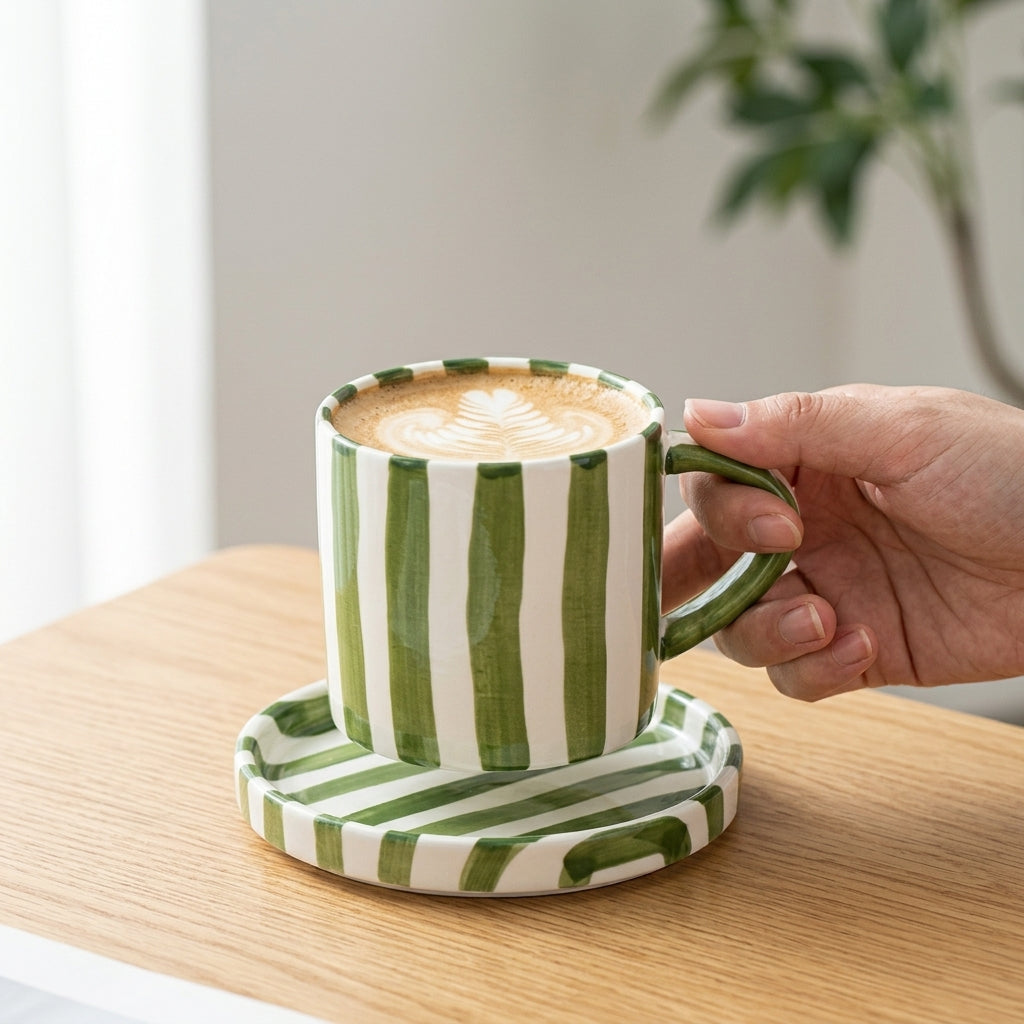 Kaffekopp i en hånd med striper og deilig latte. 