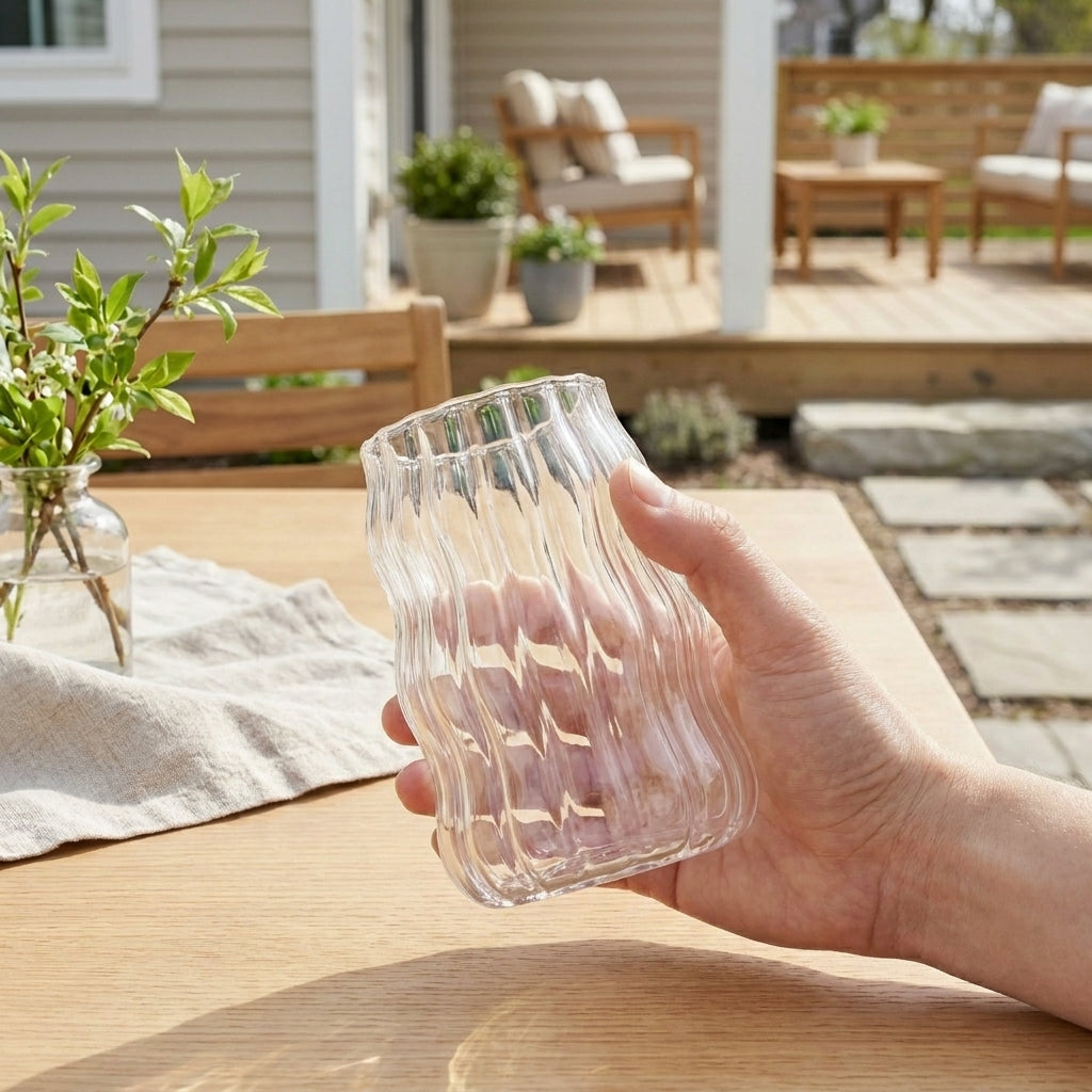 Hånd som holder iskaffeglass ute i sola. 