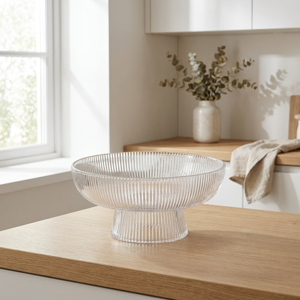 Serveringsbolle på et kjøkken med rillet design. 
