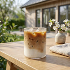 Glass med riller med perfekt til iskaffe på et bord ute med blomster. 