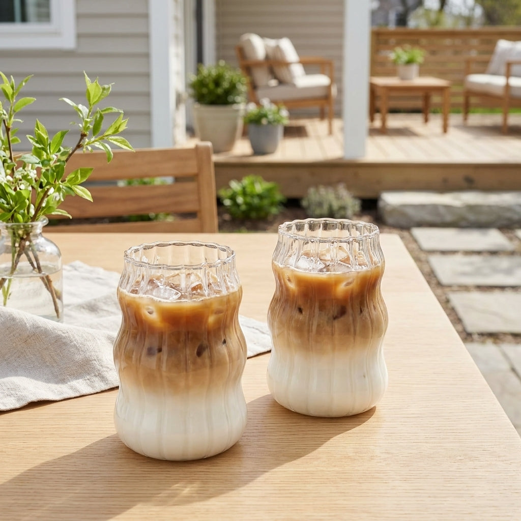 Iskaffeglass ute i en fin hage. 