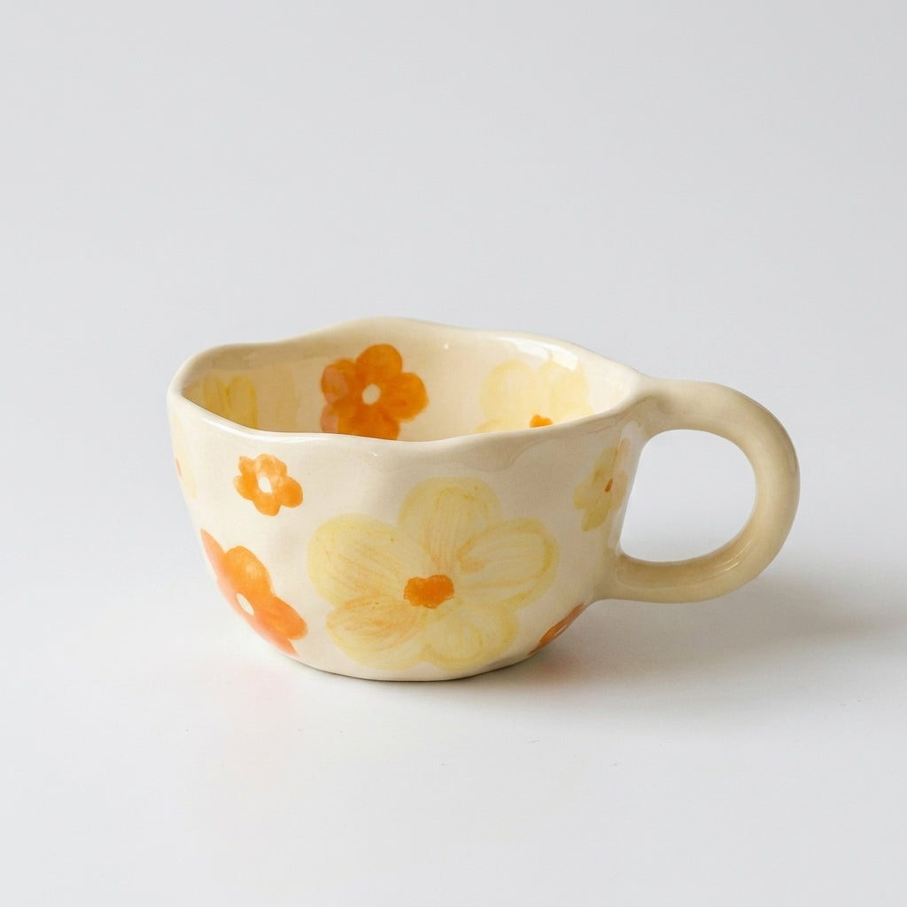 Koselig håndlaget kaffekopp i keramikk med blomster i et hvitt studio. 