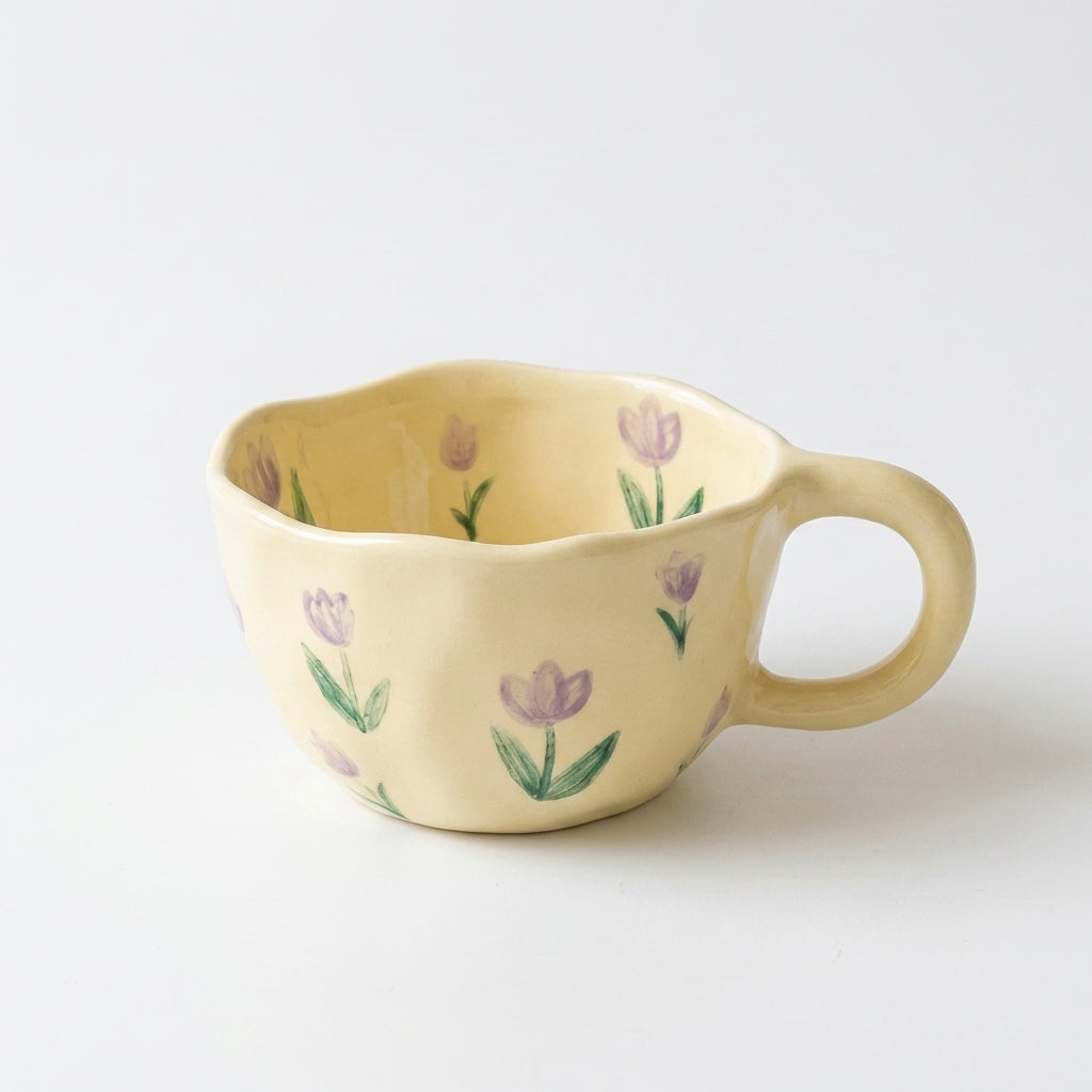 Koselig håndlaget kaffekopp i keramikk med blomster i et hvitt studio. 