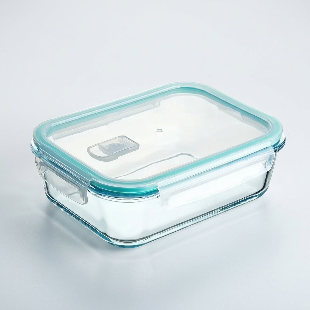 Glass matbeholder i et hvitt studio. 