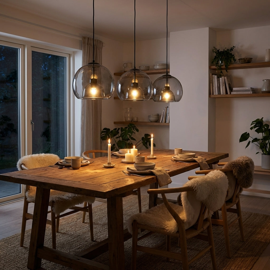 Trippel taklampe i sort glass i en koselig stue.