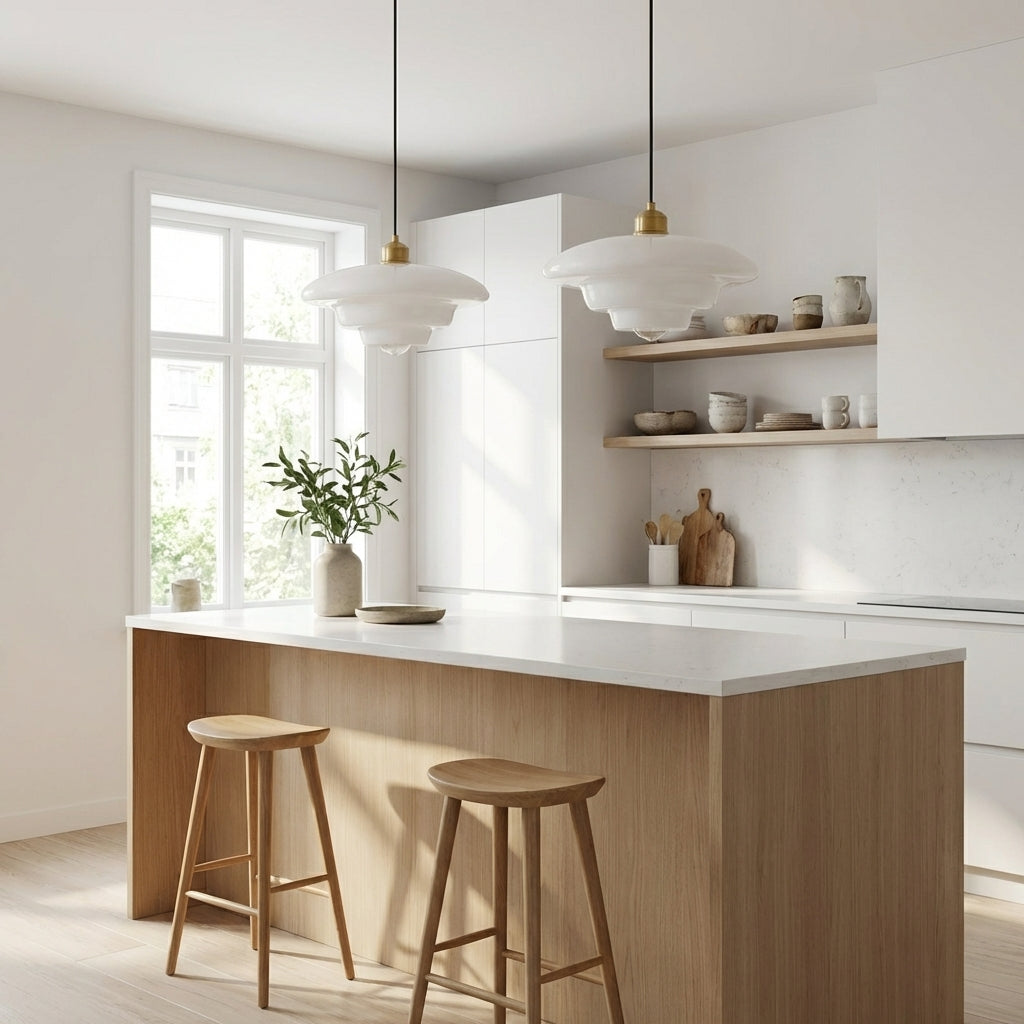 To fine taklamper i glass i et lyst og fint rom.