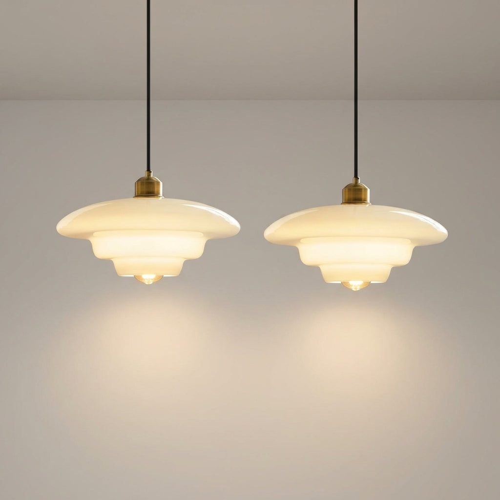 To pendell taklamper i glass i et grått rom.