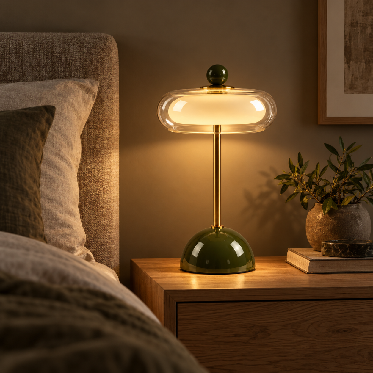 Grønn bordlampe tent på nattbord i skandinavisk soverom med varm belysning og minimalistisk interiør