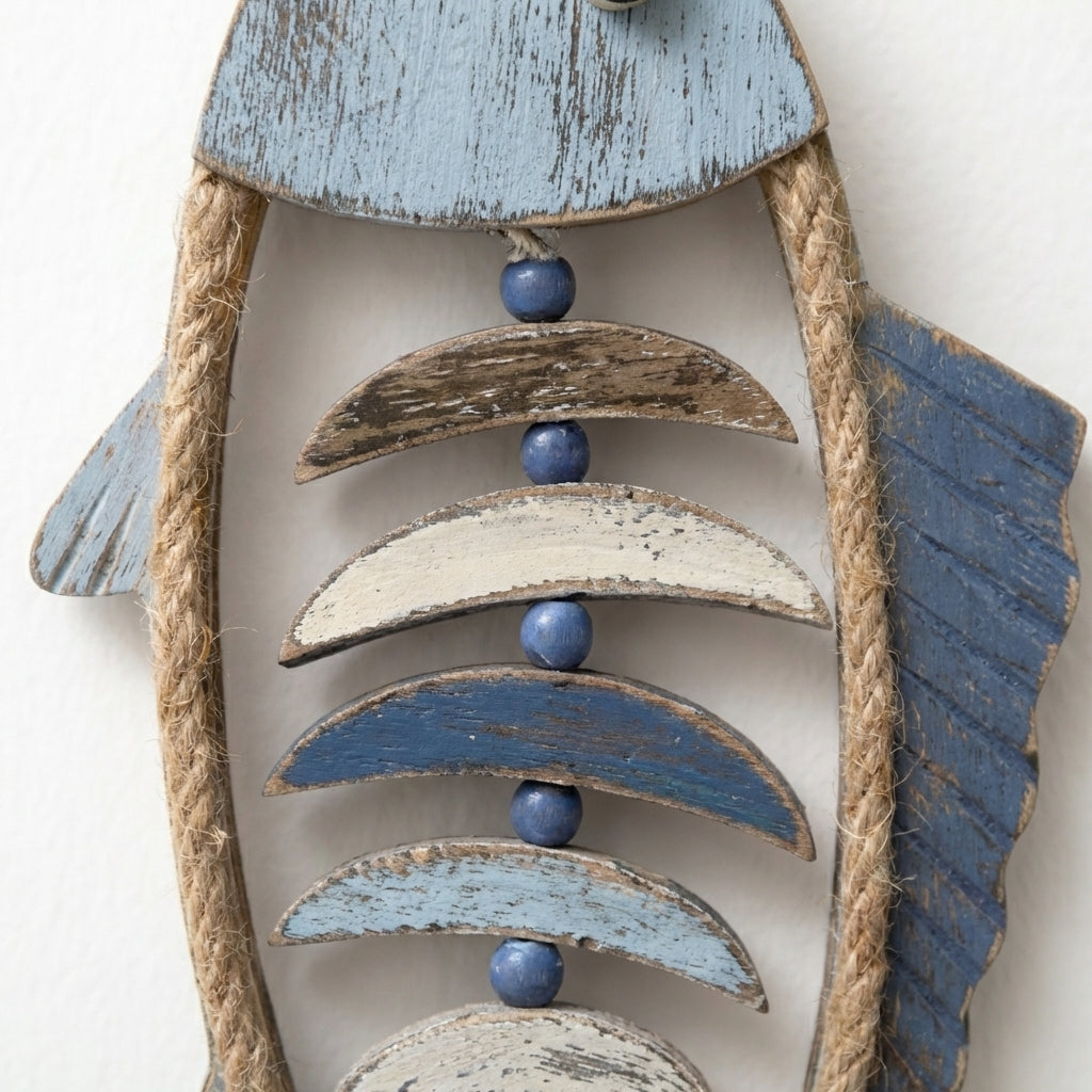 Veggdekor laget som en fisk i tre og tau detaljer av treverket.