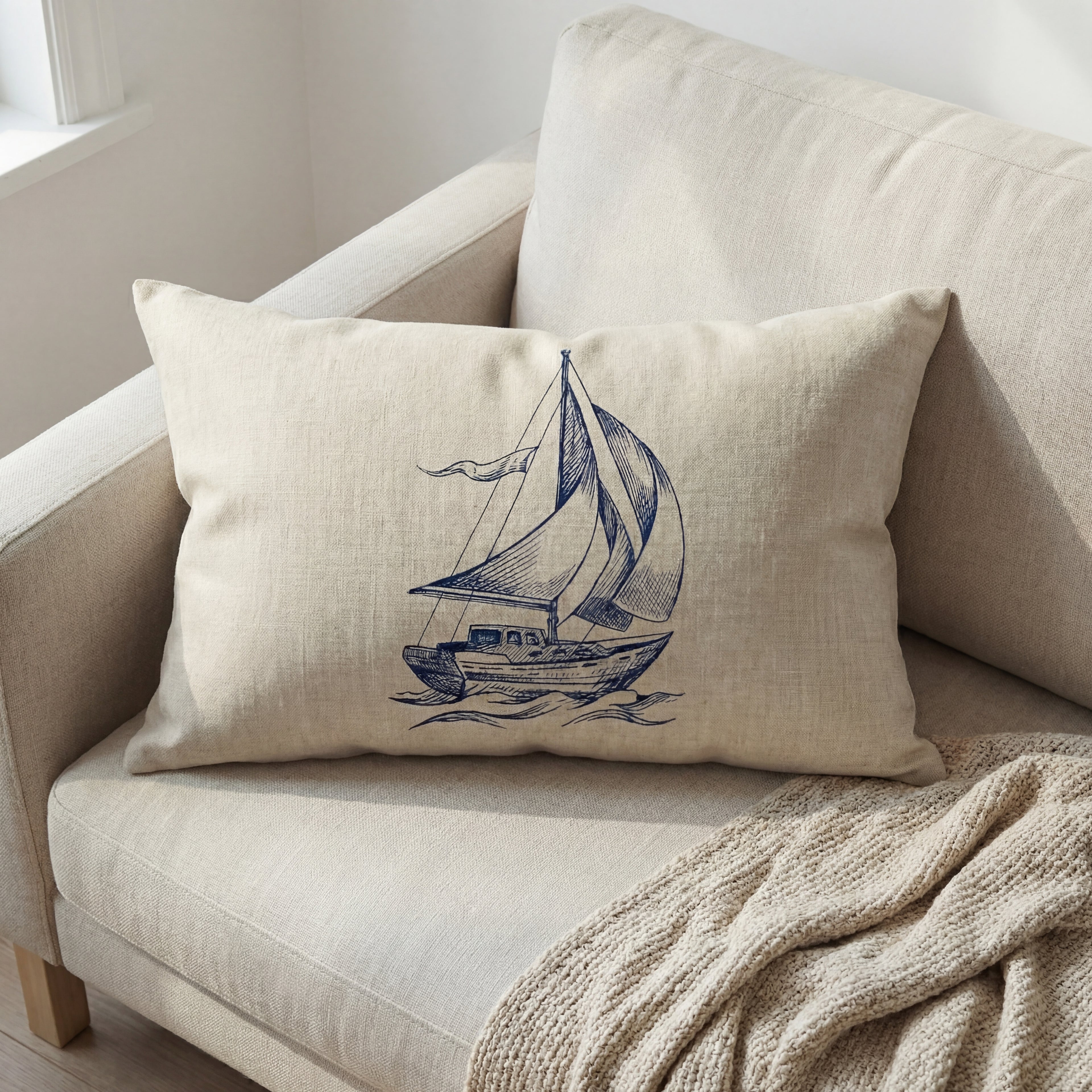 Fin hvit og blå maritim pute i en kozy sofa med seilbåt motiv. 