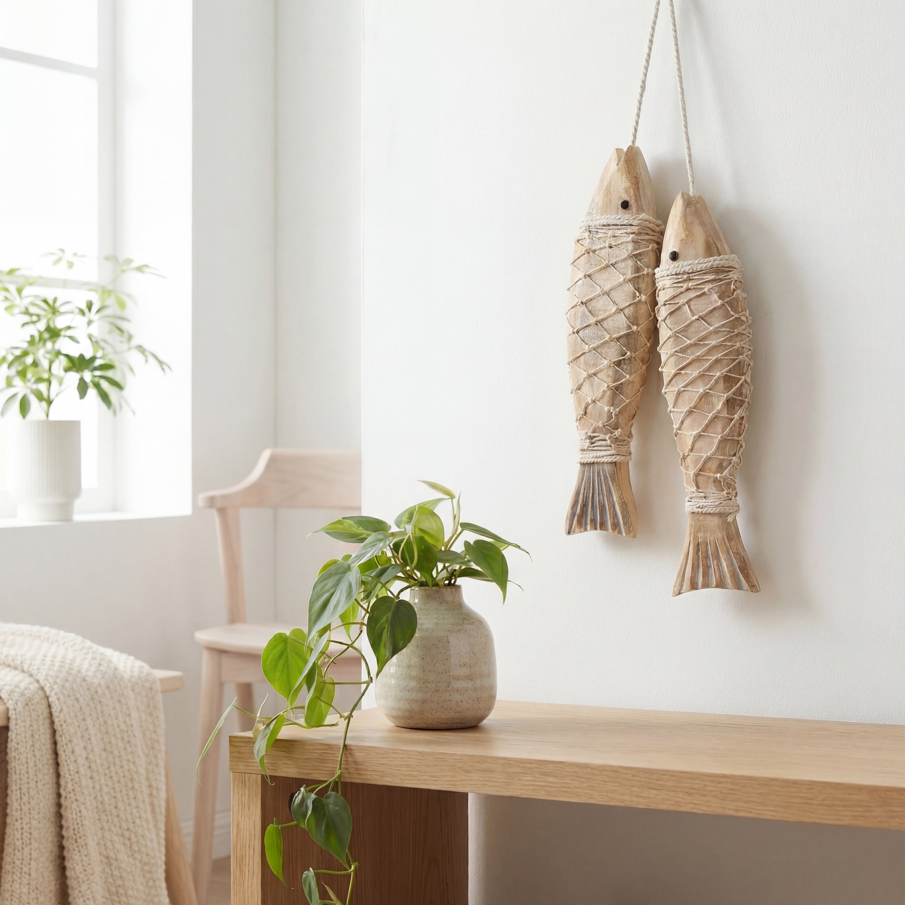 Figurer som likner på fisk som henger på veggen i en fin stue. 