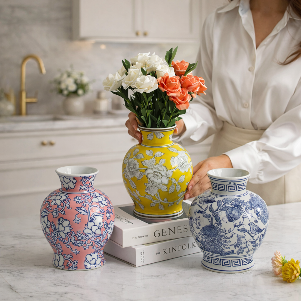 Antikk vaser med blomsterdesign i et vakkert hjem