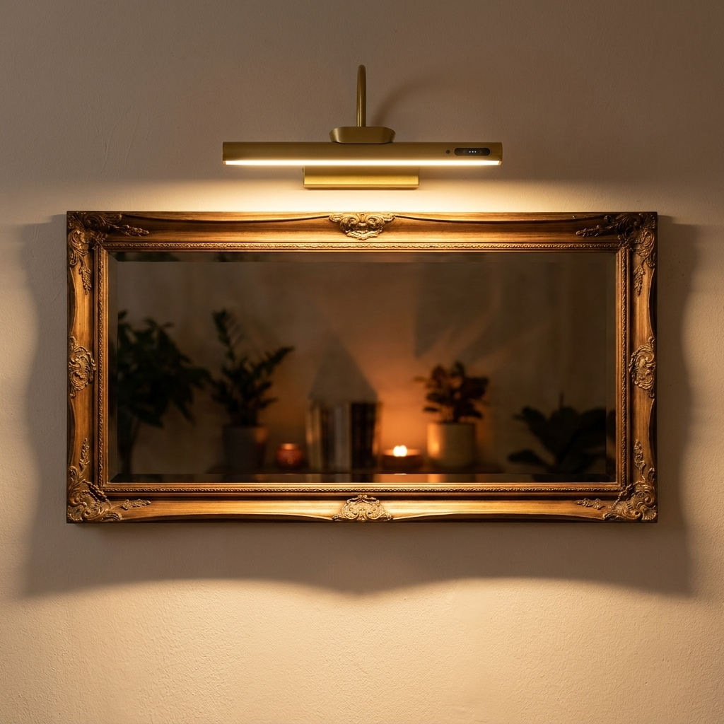 Lampe i gull som henger over et fint speil