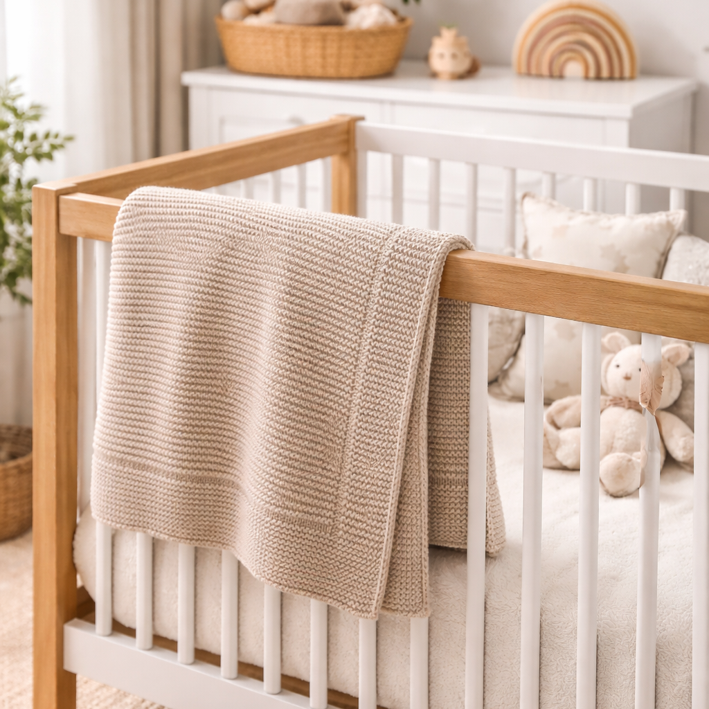 Mini beige blanket i en baby suppe. 