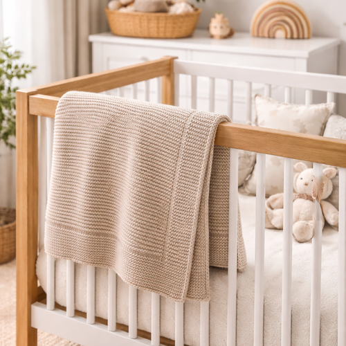 Mini beige blanket i en baby suppe. 