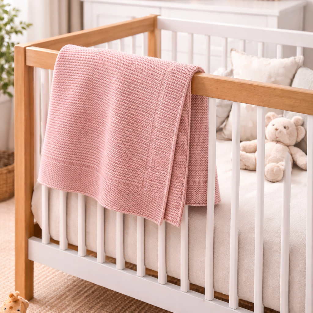 Baby pledd på siden av en fin krybbe i et soverom. 