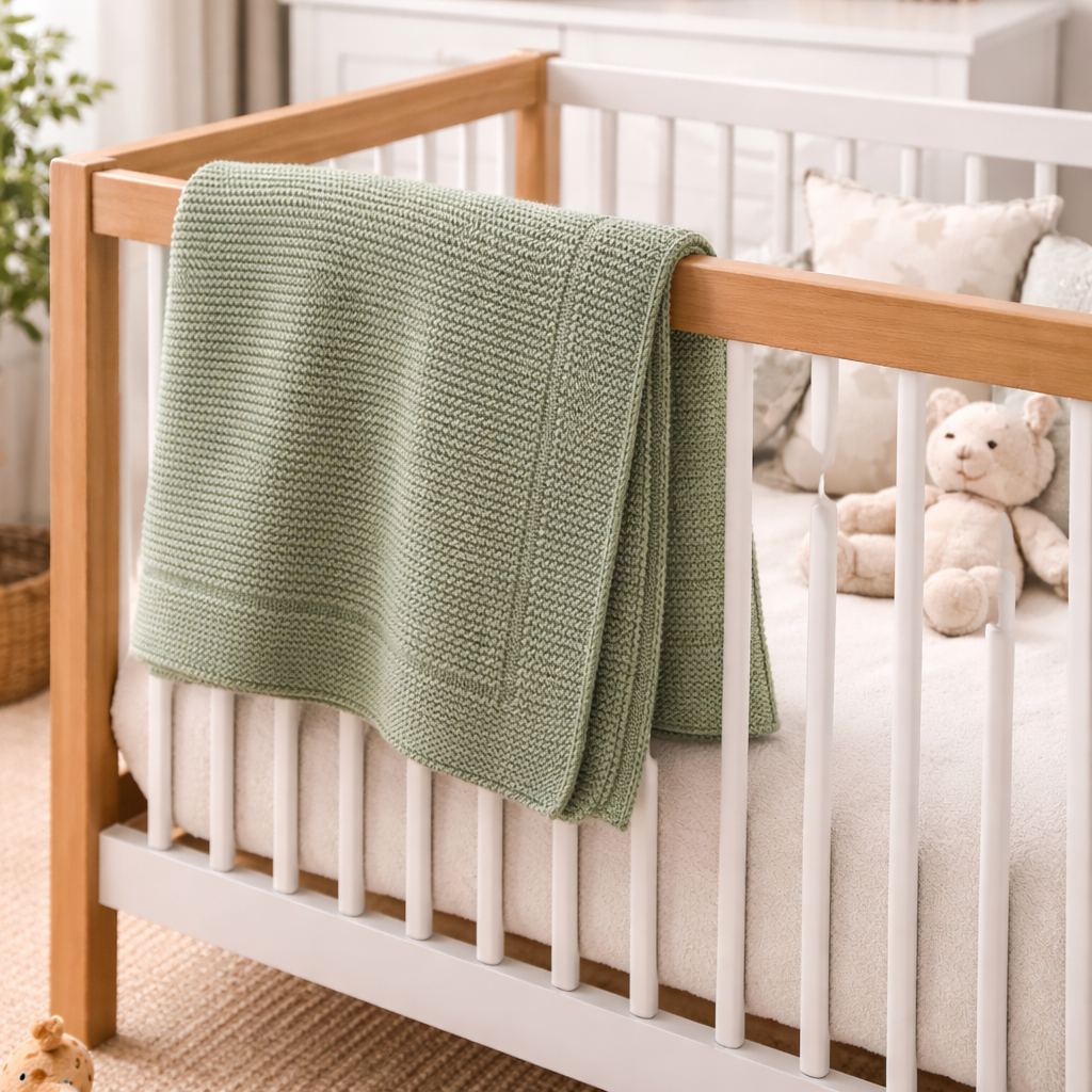 Baby pledd på siden av en baby rybbe. 