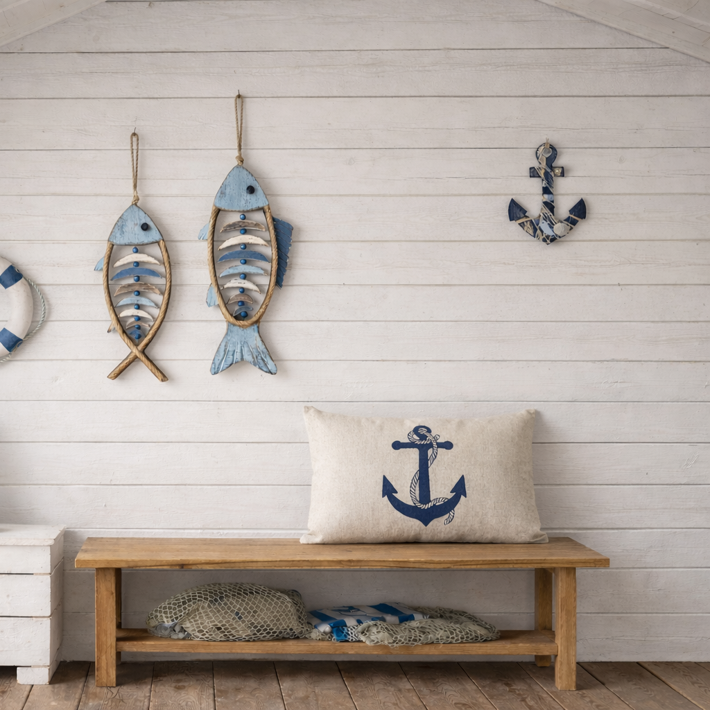 En fin liten båtanker figur på en fin vegg i et båthus. 