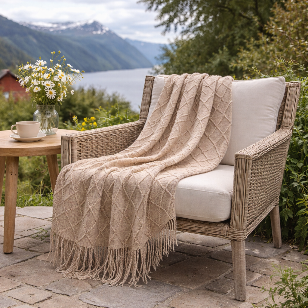 Strikket Nordisk Pledd | Dekorativt Sofa- og Sengeteppe med Dusker